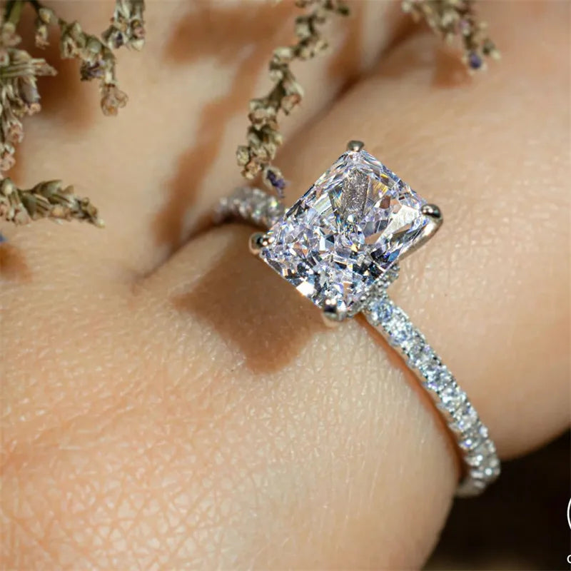 Classic Rectangle Stone Rings For Women Silver Color Geometric Square White Zircon Wedding Bands Engagement Ring Bridal Jewelry
