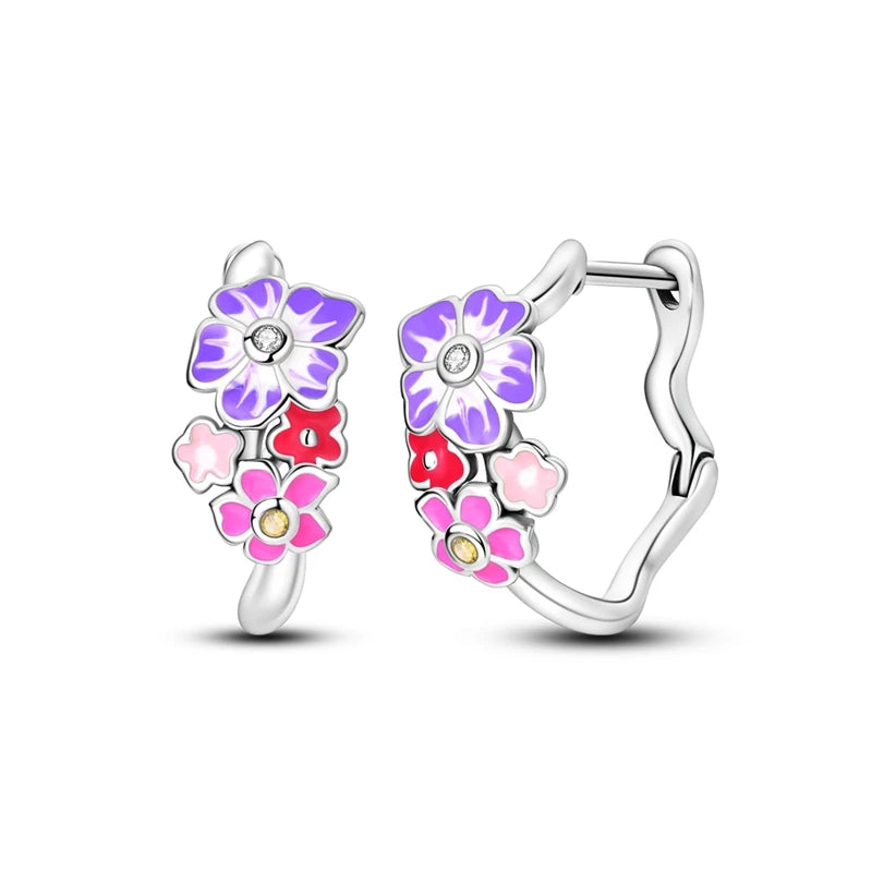 925 Sterling Silver Flower Plant Zircon Circle Hoop Earrings Jewellery Gift