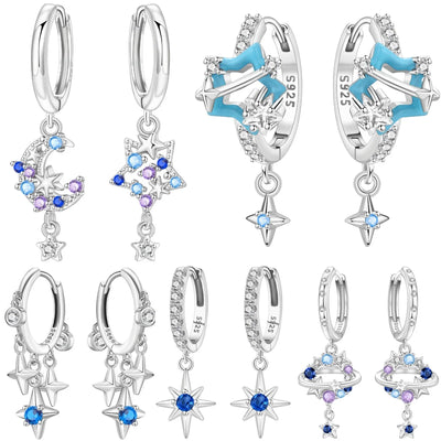 925 Sterling Silver Star Moon Sun Tassel Versatile Hoop Earrings Fine Gift