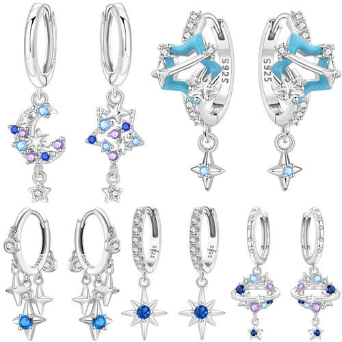 925 Sterling Silver Star Moon Sun Tassel Versatile Hoop Earrings Fine Gift