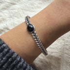 100% Solid 925 Sterling Silver Metal Bracelet for Women Men Vintage Black Stone Letters Handmade Simple Birthday Gift
