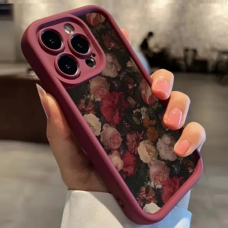 Wine Red & White Rose Case for iPhone 16 15 14 13 12 11 Pro Max XR 7 8 Plus