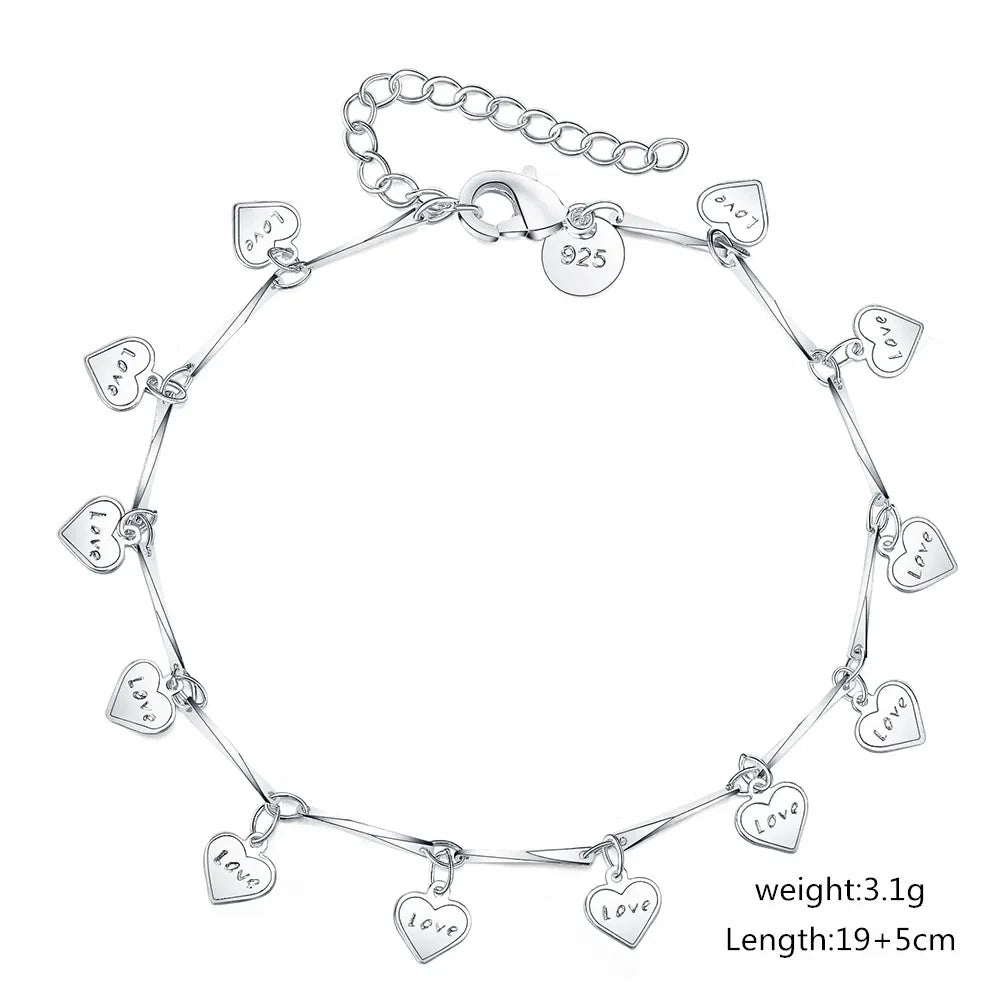 LOVE Heart Card Chain Bracelet 925 Sterling Silver Fashion Christmas Gift