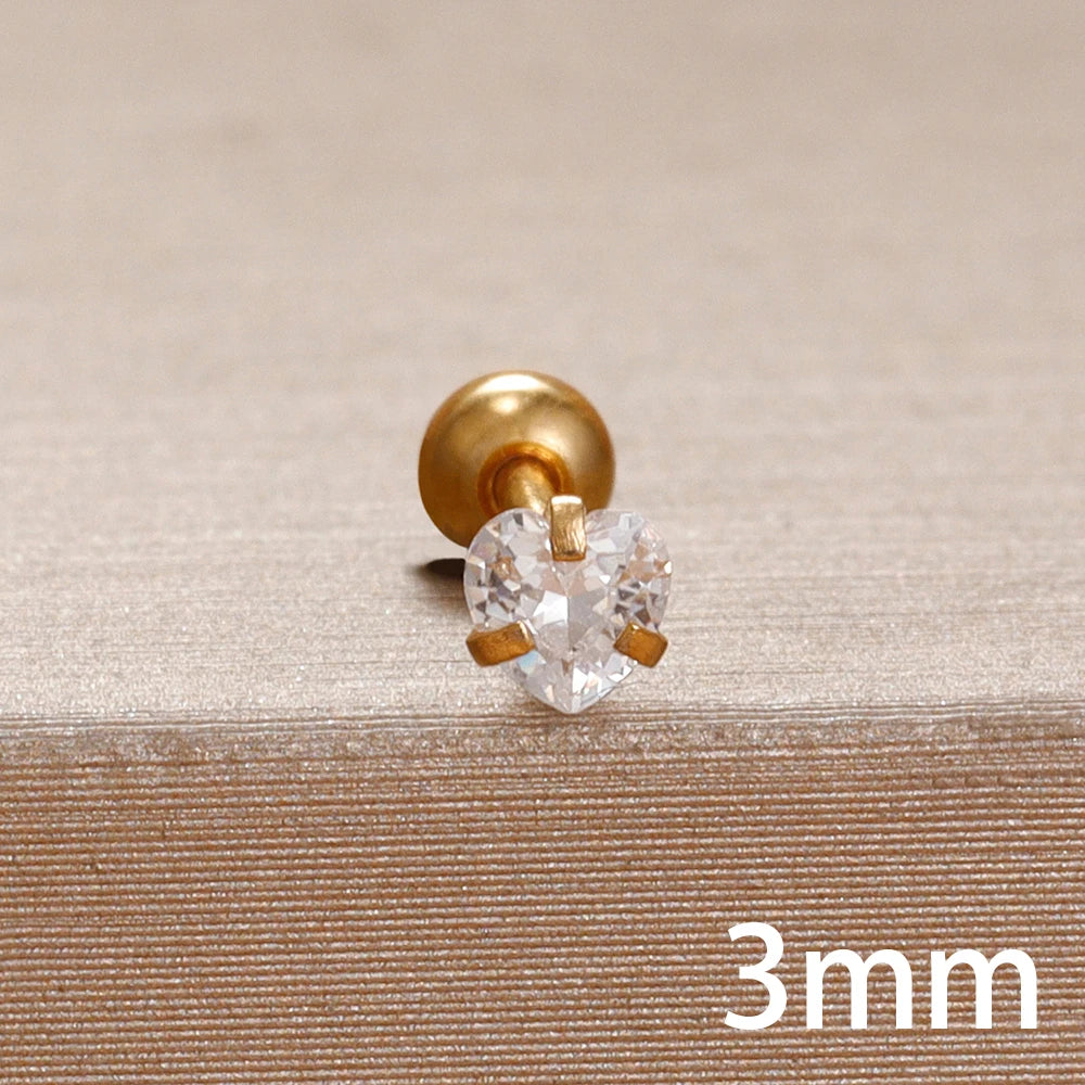 Korean Sweet Stainless Steel Zircon Heart Stud Earrings 3-6mm