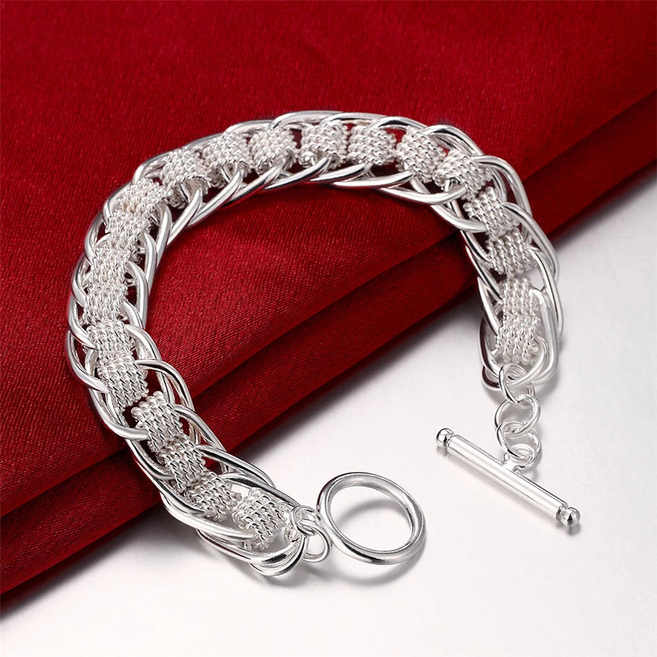 Square Solid Chain Bracelet 925 Sterling Silver Men Women Party Fashion Gift