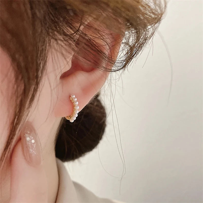 Yuedane Stainless Steel Little Imitation Pearl Hoop Earrings Small Circle