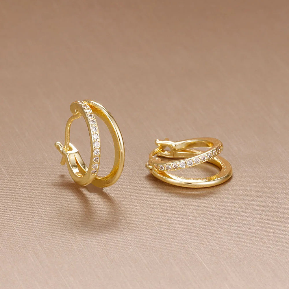 New Stainless Steel Double-layer Circle Huggies Gold Colour Zircon