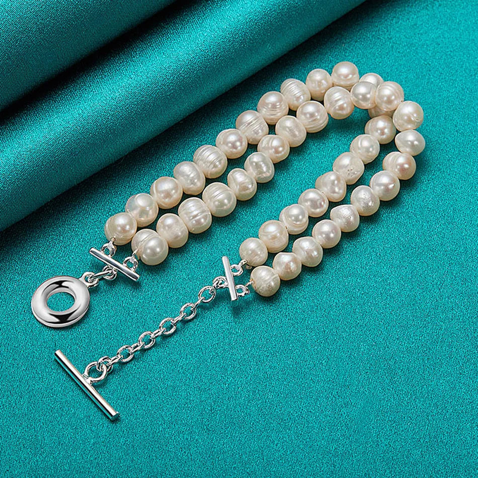 Natural Freshwater Pearl Chain Bracelet 20cm 925 Sterling Silver Wedding Gift