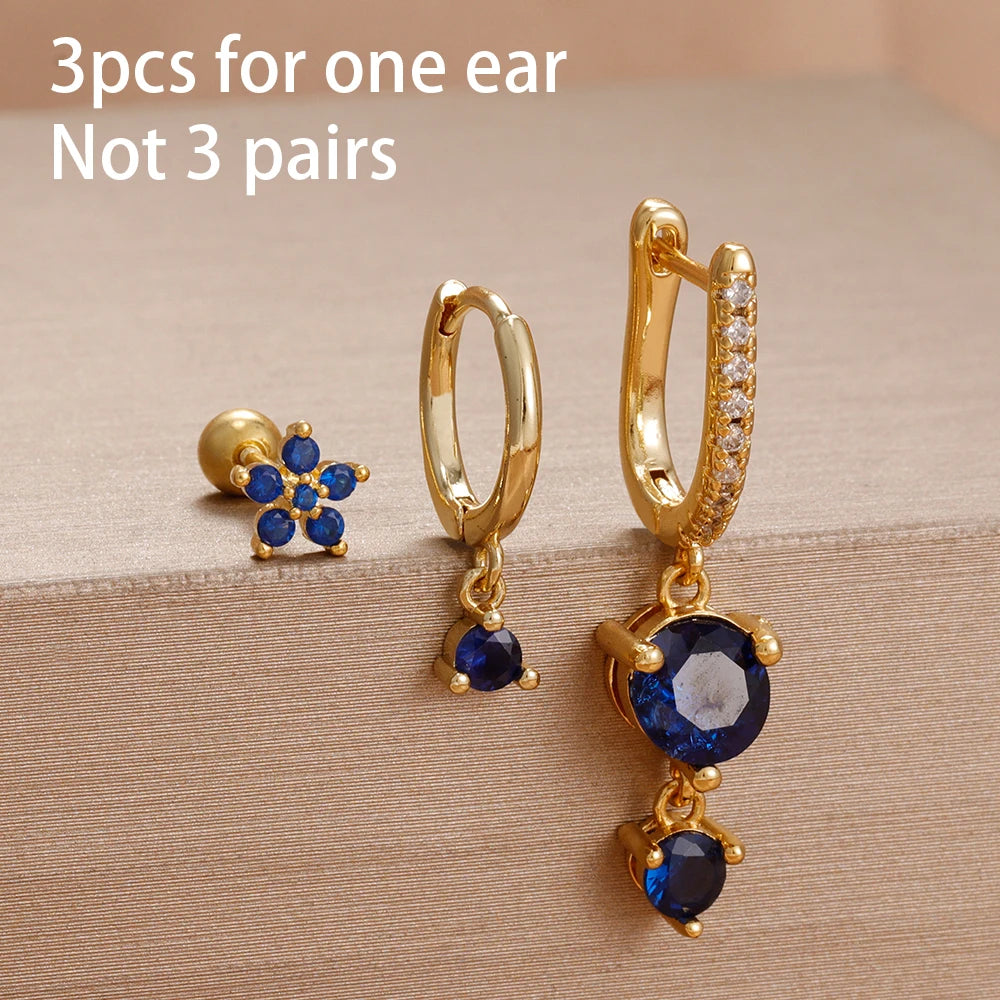 3PCS Cute Flower Stainless Steel Blue Zircons Small Hoop Earrings