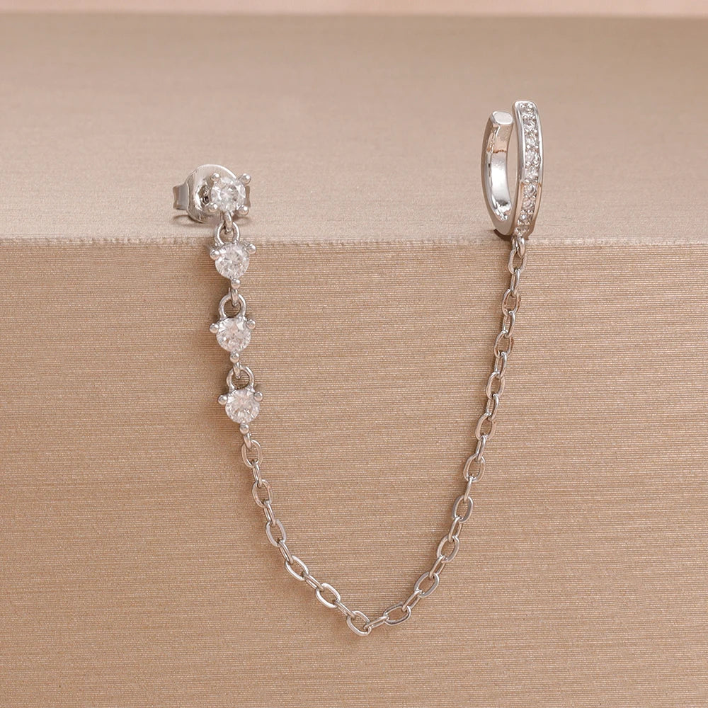 1PC Simple Stainless Steel Gold Colour Chain Tassel Zircon Stud