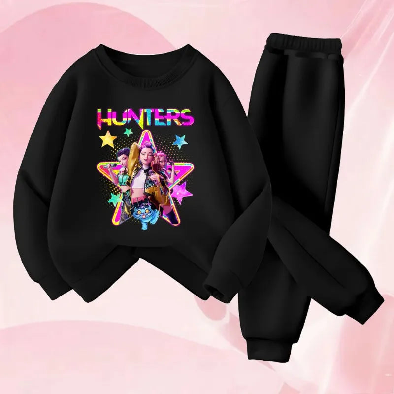 K-pop Girls Cartoon Print Hoodie and Joggers 2-Piece Set Casual Tracksuit