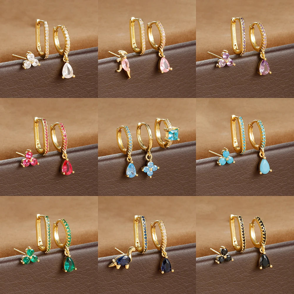 3PCS Water Drop Huggie Hoop Earrings Three-petal Flower Studs