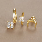 3PCS Vintage Design Four Flower Zircon Hoop Earrings Set Steel