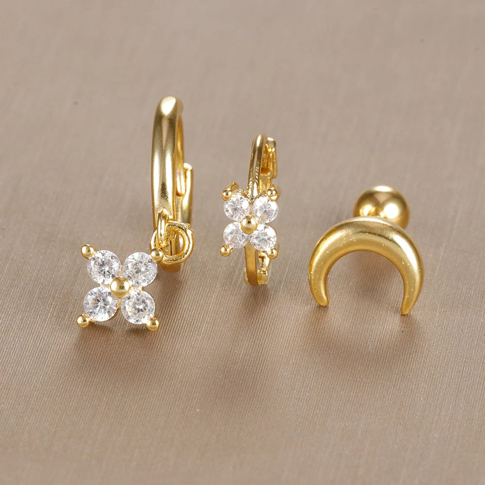 3PCS Vintage Design Four Flower Zircon Hoop Earrings Set Steel