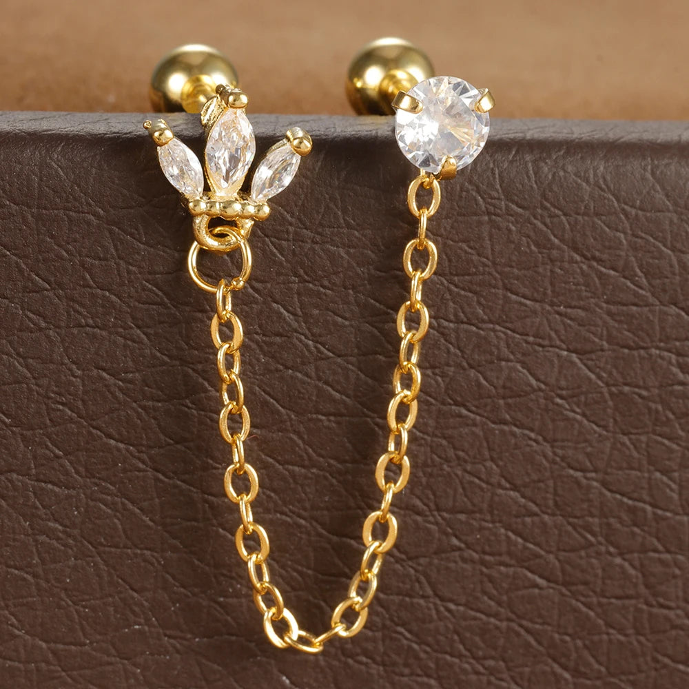 Stainless Steel Zircon Crown Stud Earrings Women 18K Gold Double Studs