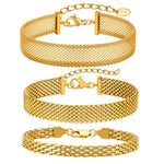 Stainless Steel Chain Women Bracelet, Wide Brand Mesh Link Adjustable Wristband, 18k PVD Gold Plated Vintage Jewelry