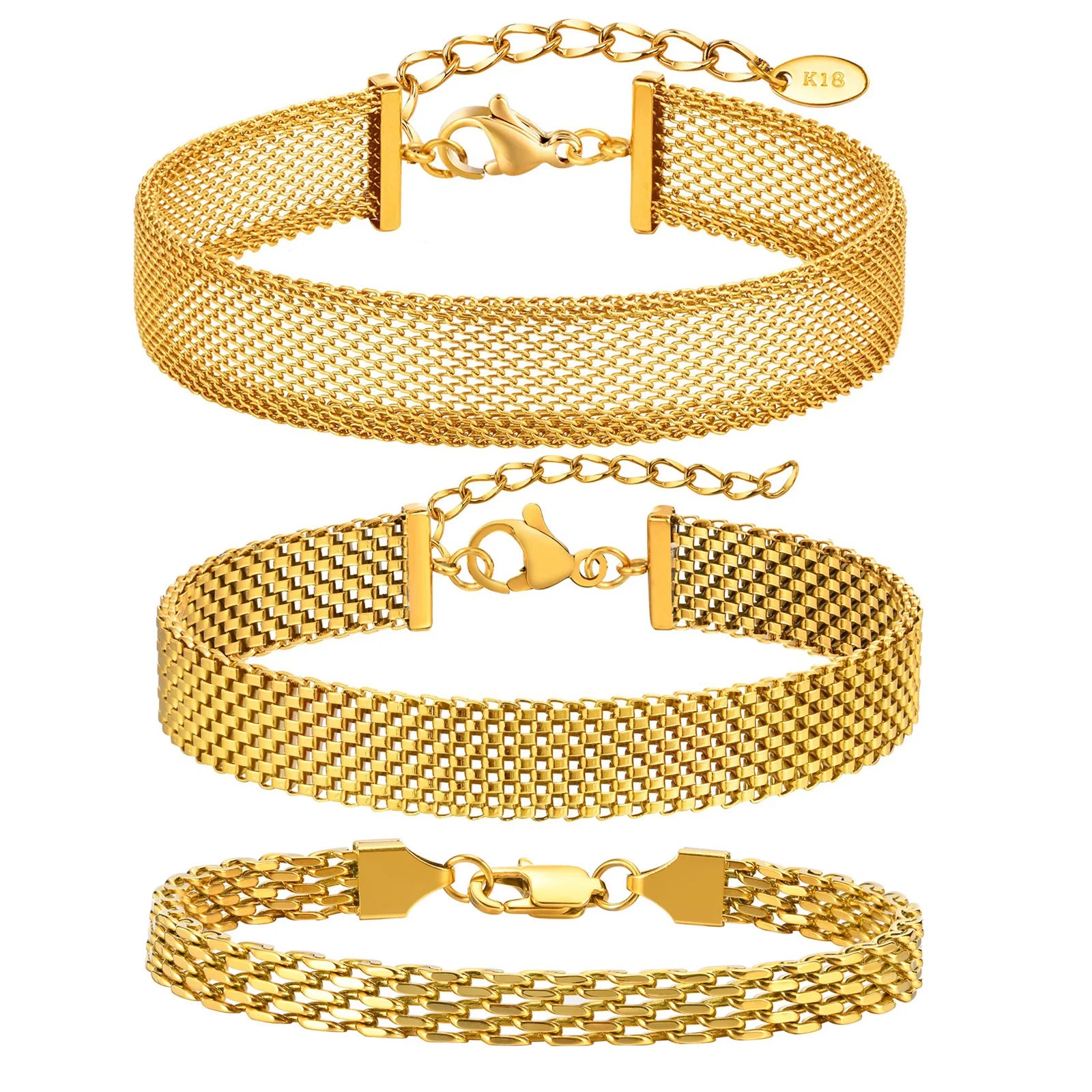 Stainless Steel Chain Women Bracelet, Wide Brand Mesh Link Adjustable Wristband, 18k PVD Gold Plated Vintage Jewelry