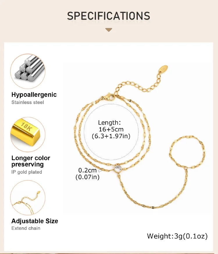 Stainless Steel Hand Chain Ring Bracelet for Women, Adjustable Gold Plated Doule-layer Bracelets, Christmas Party Jewelry