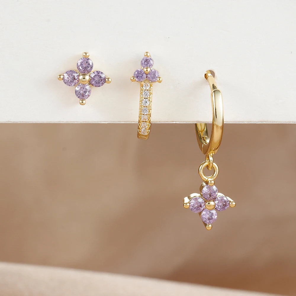 3PCS Fashion Stainless Steel Flower Small Hoop Earrings Set 18K Gold
