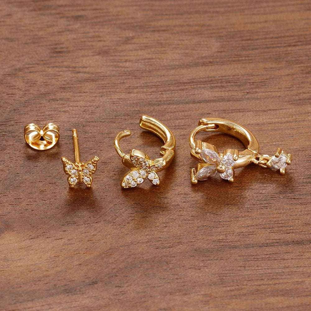 3PCS Elegant Butterfly CZ Charms Hoop Earrings Stainless Steel