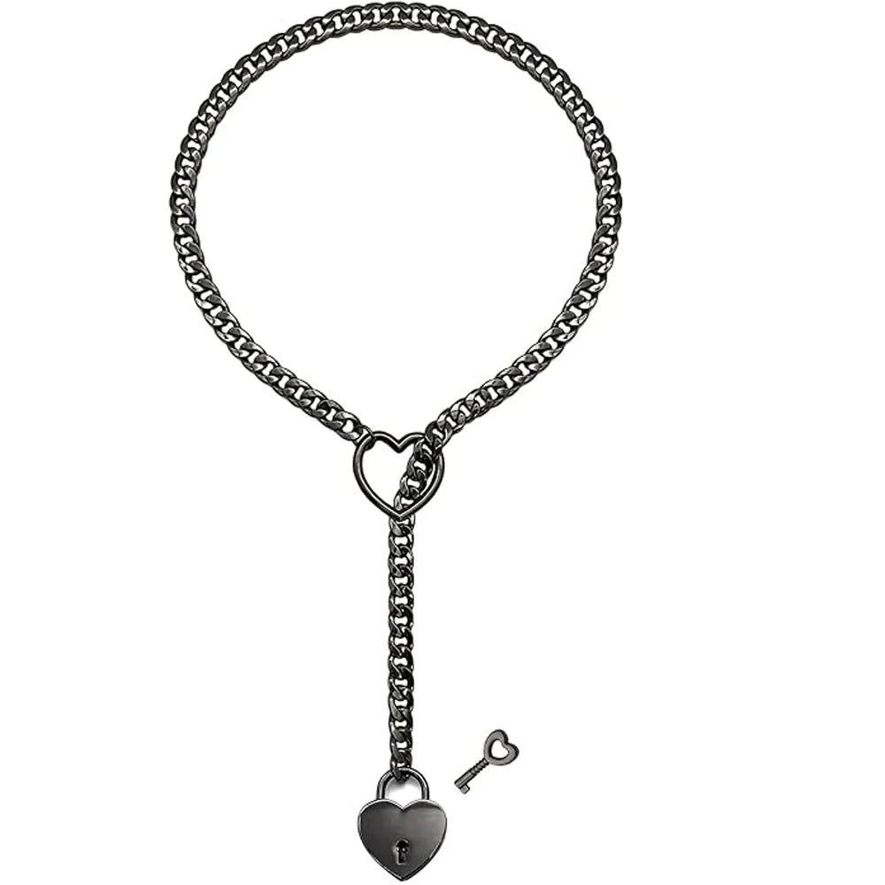 Womens Heart O-Ring Slip Chain Necklace Punk Rock Stainless Steel Cuban Long Necklace Jewelry Adjustable Lariat Y-Necklace Key