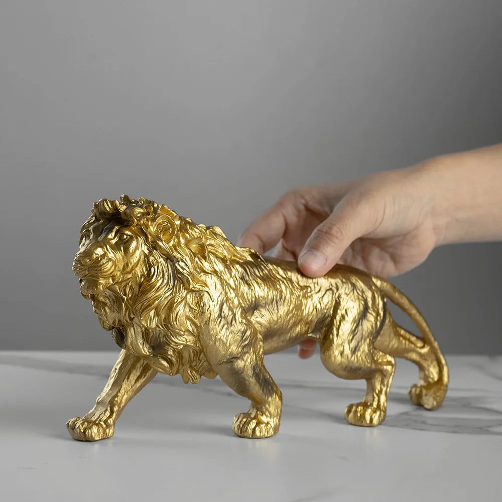 Resin 25cm Lion Statue Gold Animal Sculpture Collectible Office Desk Accessories