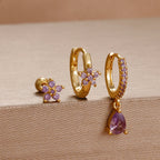 3pcs Purple Cubic Zirconia Piercing Earring Set Stainless Steel