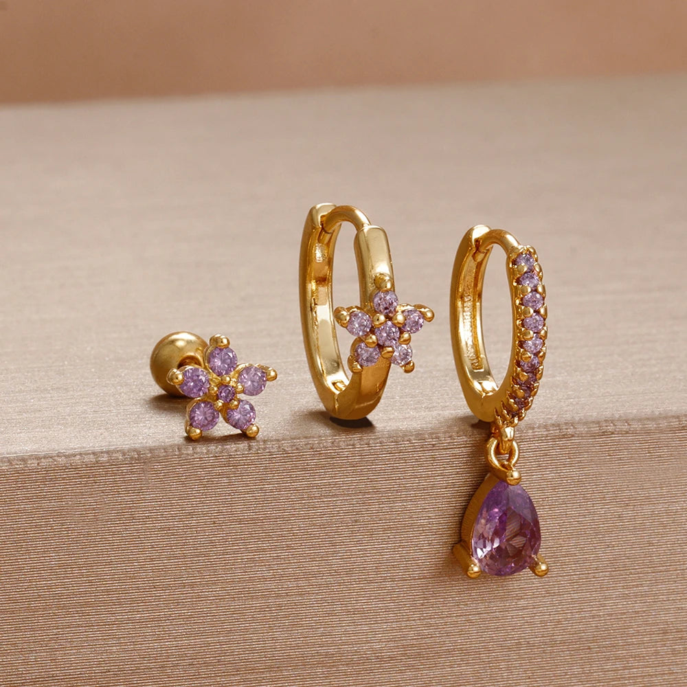 3pcs Purple Cubic Zirconia Piercing Earring Set Stainless Steel