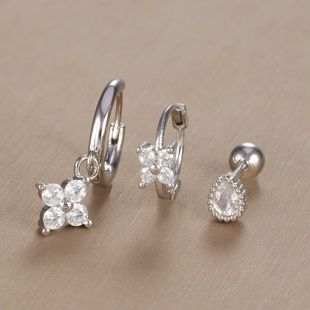 3PCS Vintage Design Four Flower Zircon Hoop Earrings Set Steel