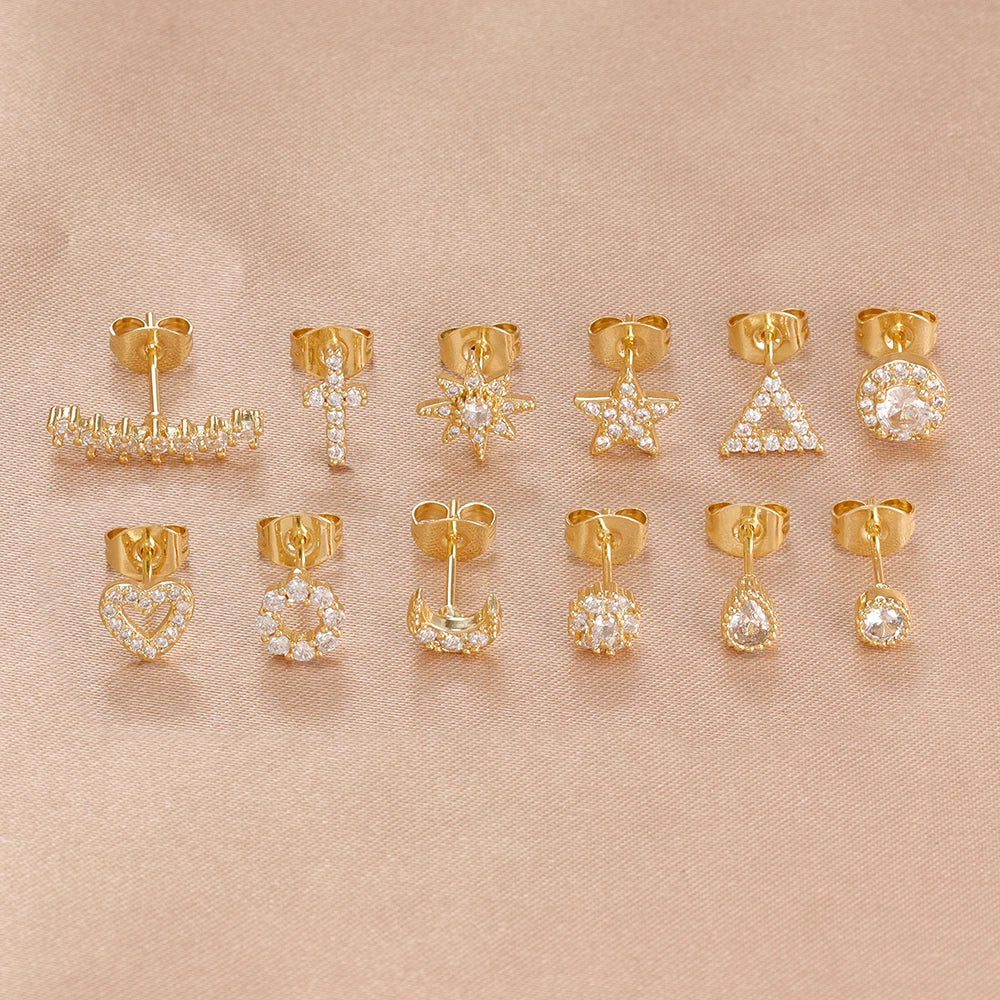 2PCS Fashion Geometry Zirconia Twinkle Star Stud Earrings Shinny
