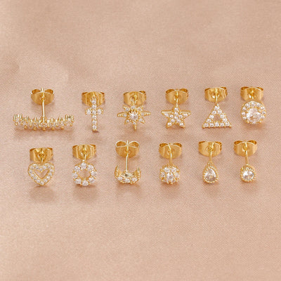 2PCS Fashion Geometry Zirconia Twinkle Star Stud Earrings Shinny