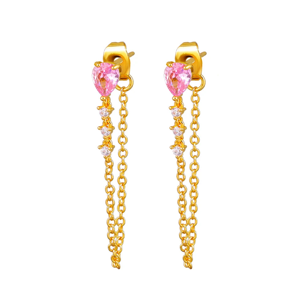 2PCS Pink Zircon Water Drop Chain Link Hanging Earrings Cross Dangle