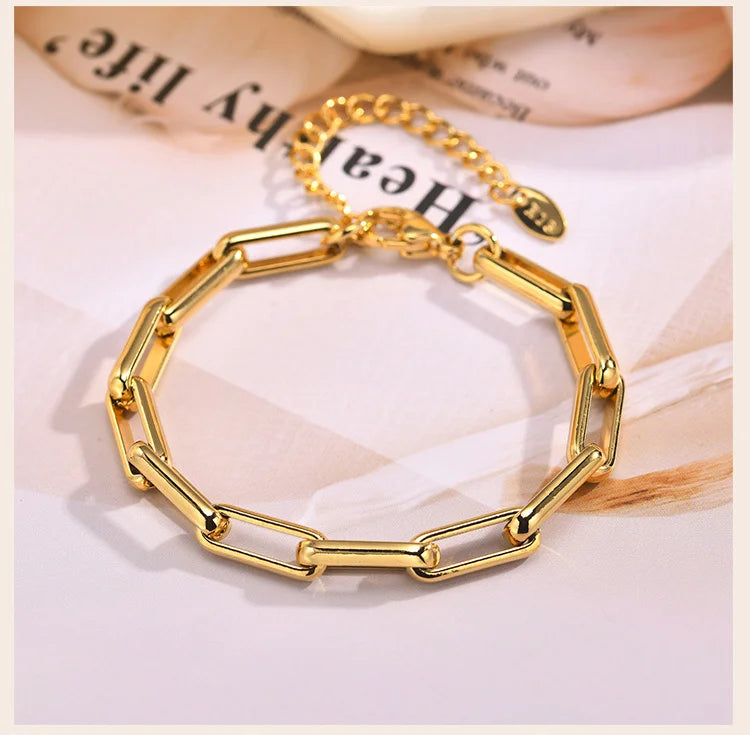 6mm Paperclip Chain Bracelet 18k Gold Plated Stainless Steel Link Adjustable Stackable Jewelry for Women Girls Gift