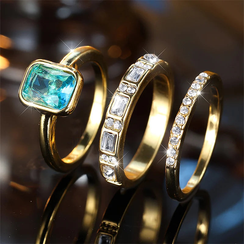 3pcs Aqua Blue Stone Square Triple Ring Set Antique Gold Color White Crystal Stacking Wedding Engagement Rings For Women Jewelry