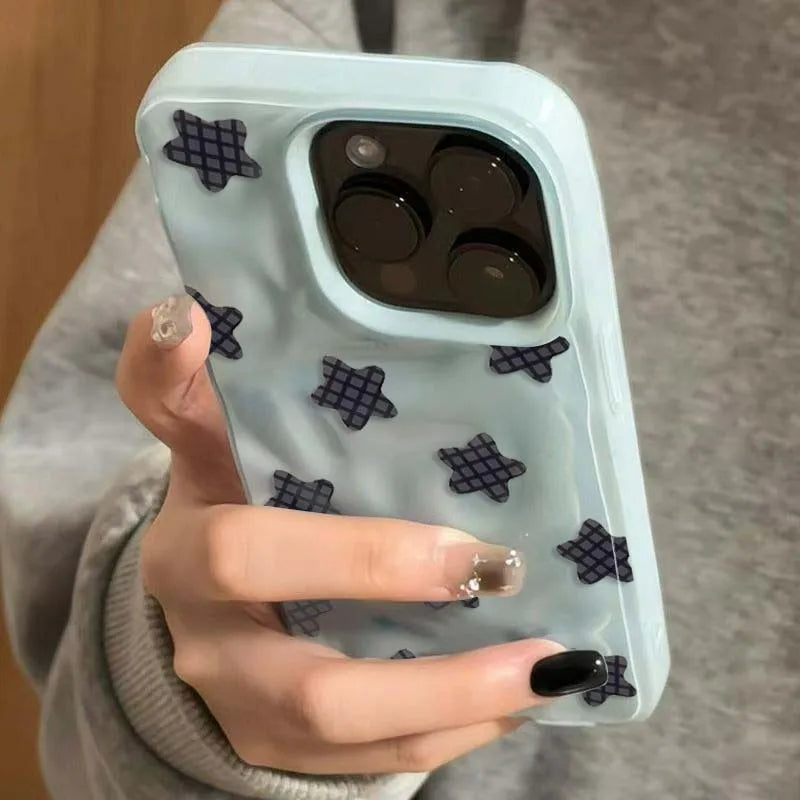 Black Checkered Star Case for iPhone 16 17 15 14 13 12 11 Pro Max Plus Soft