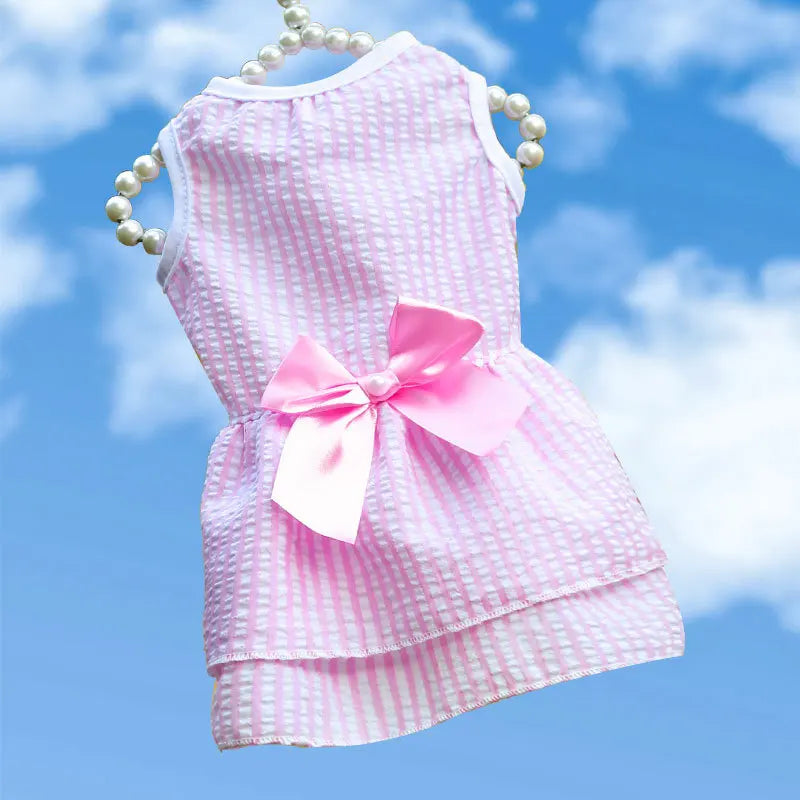 Outdoor Dog Cat Dress with Bow, Cute & Breathable Sundress for Walking, Lightweight Travel Outfit with Bow Tie, Easy Wear for Sm