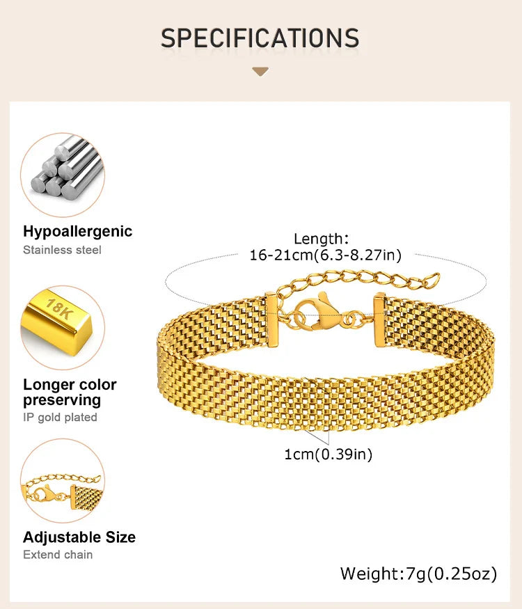 Women's Chunky Link Chain Mesh Bracelet, Stainless Steel Gold Plated Waterproof Jewelry