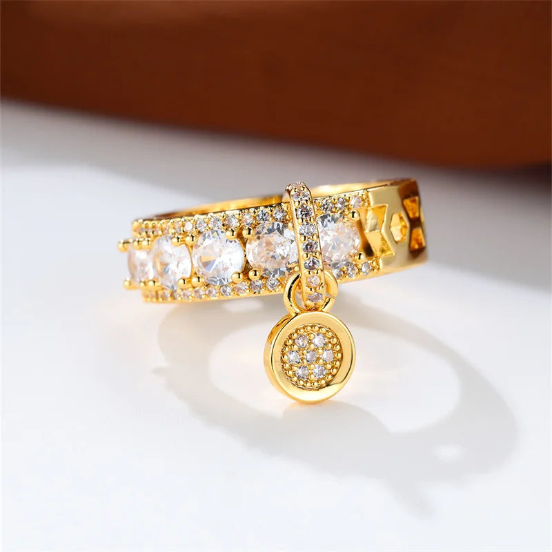 Antique Green Stone Dangle Pendant Ring Gold Color Zircon Round Rings For Women Dainty Wedding Bands Valentine Day Jewelry Gifts