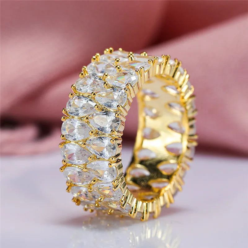 Luxury Female Crystal White Water Drop Zircon Stone Engagement Ring Cute Yellow Gold Color Wedding Jewelry For Women