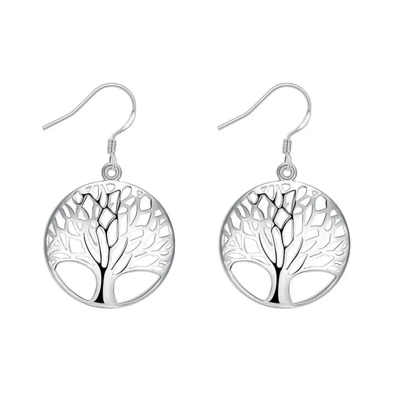 925 Sterling Silver 40mm Round Tree of Life Earrings Women Fashion Wedding