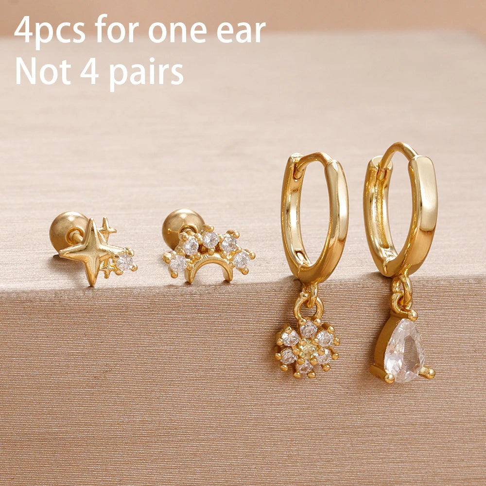 4PCS Star Moon Stainless Steel Zircon Stud Earrings 14K Gold Plated