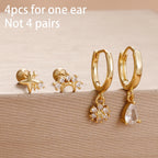 4PCS Star Moon Stainless Steel Zircon Stud Earrings 14K Gold Plated