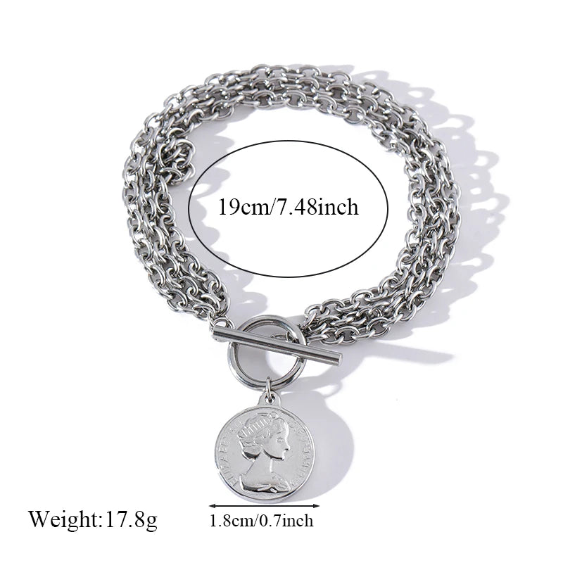 Stainless Steel Coins Heart Charm Bracelet Gold Silver Colour Wrist Chain