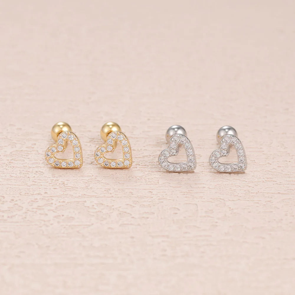 1Pair Stainless Steel CZ Zircon Heart Earrings Gold Colour Studs
