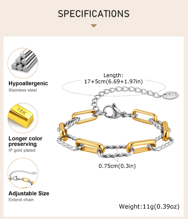 Two Tone Twist Link Paperclip Bracelet for Women, Chunky Stainless Steel Bracelet Adjustable Link, 18k Gold Plated Jewelry