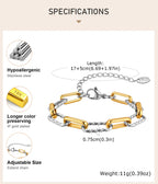 Two Tone Twist Link Paperclip Bracelet for Women, Chunky Stainless Steel Bracelet Adjustable Link, 18k Gold Plated Jewelry