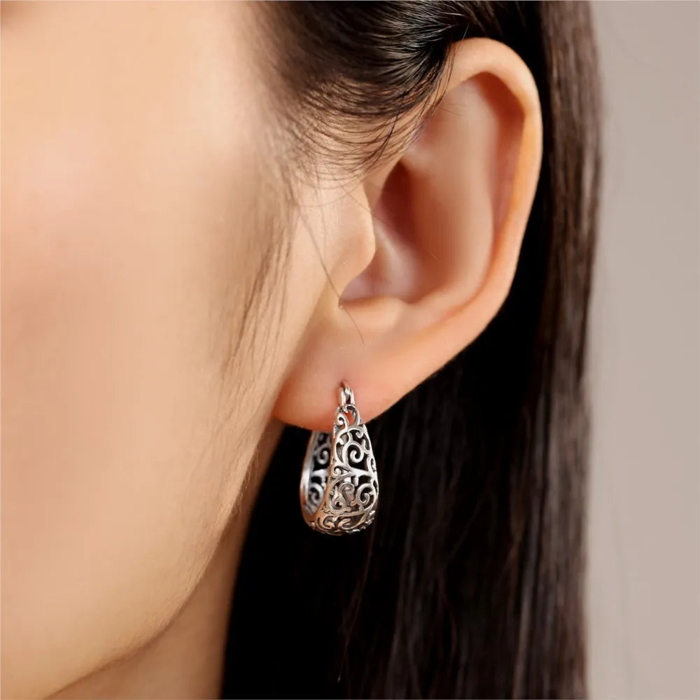 925 Sterling Silver Vintage Vine Versatile Hoop Earrings Fine Birthday Gift