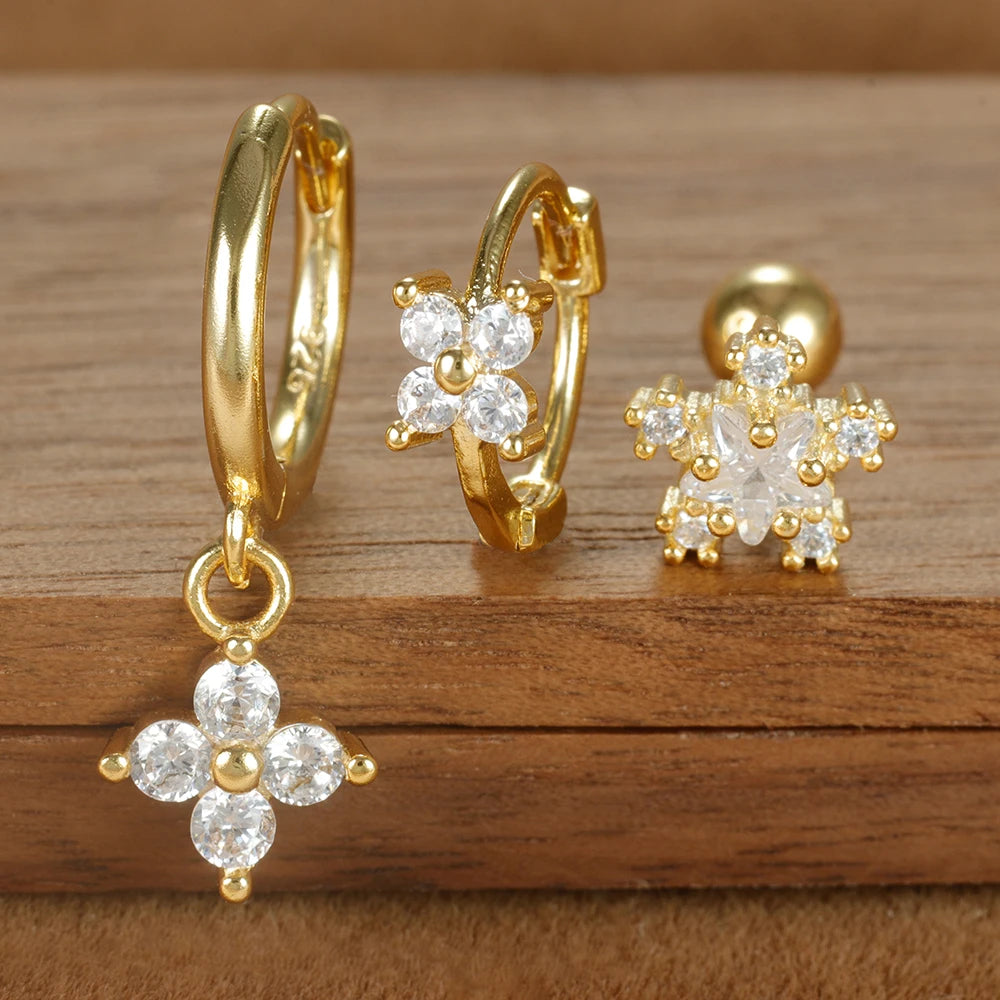 3PCS Four Flower Zircon Little Hoop Earring Star Cartilage Piercing