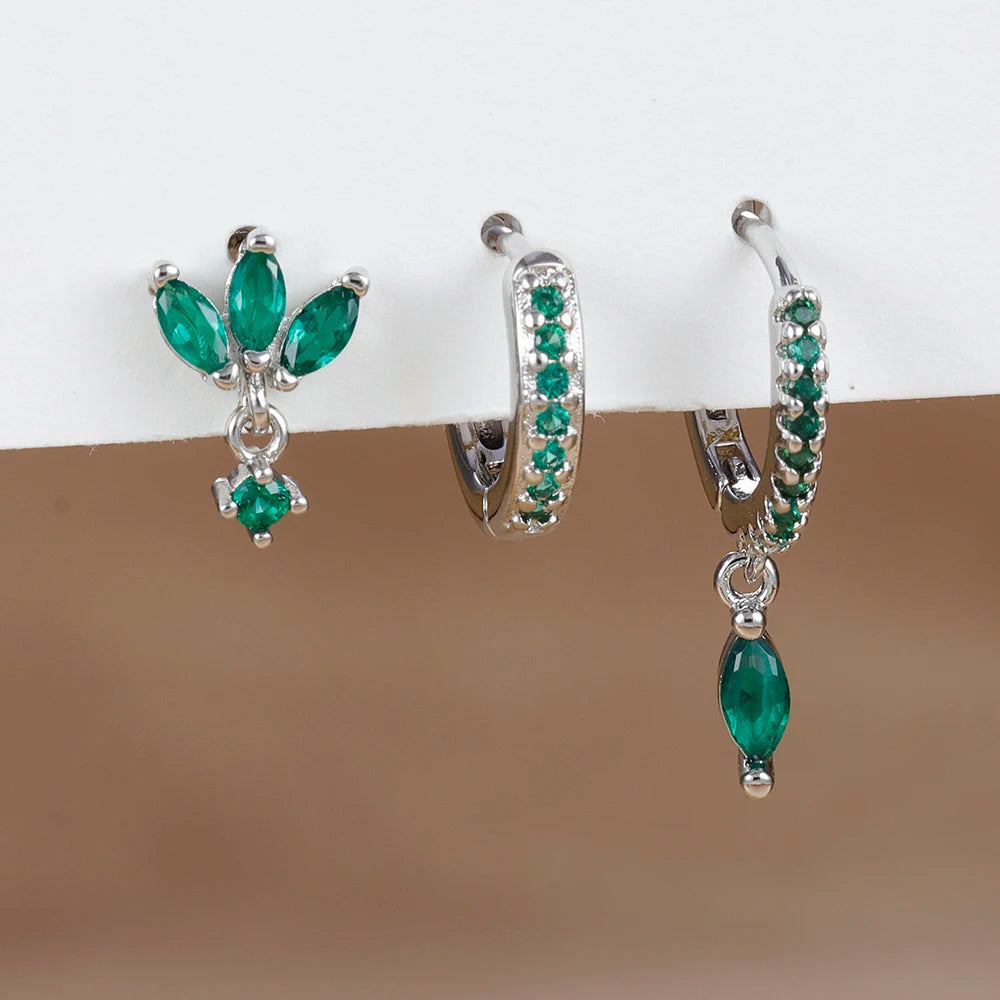 3PCS Gold Plated Chain Zircon Hanging Earrings Stainless Steel Flower