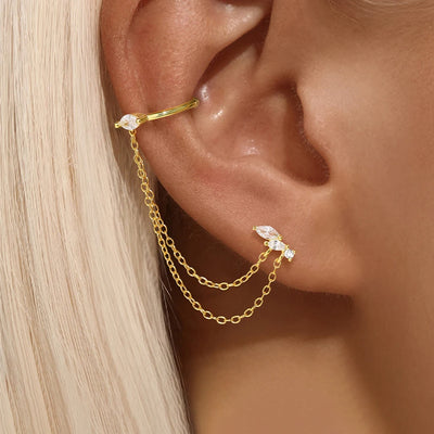 1PC Stainless Steel Chain Tassel Zircon Drop Earrings 14K Gold Plated